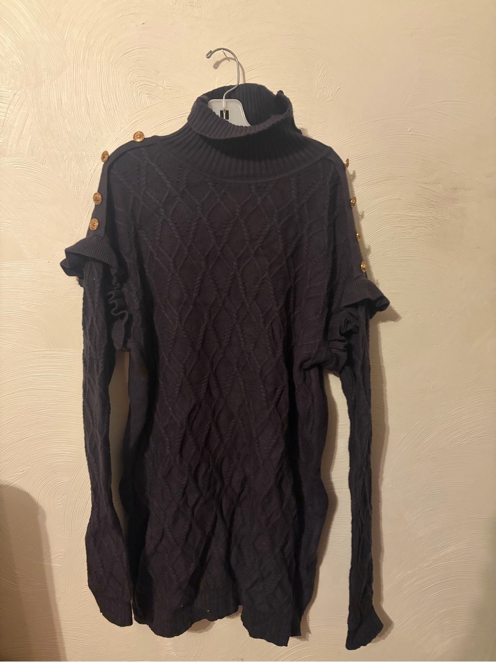 Black Cable-Knit Turtleneck Sweater with Gold Shoulder Buttons